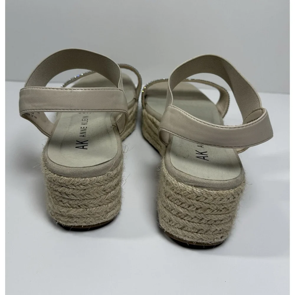 Anne Klein Rhinestone Espadrille Wedge Strappy Sandals Beige Silver Women 7.5M
